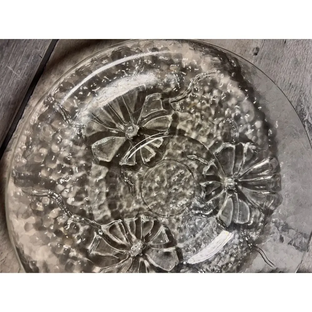 Set of 3 VINTAGE PRESSED GLASS SNACK PLATES ANCHOR HOCKING RAINFLOWER PATTERN!
